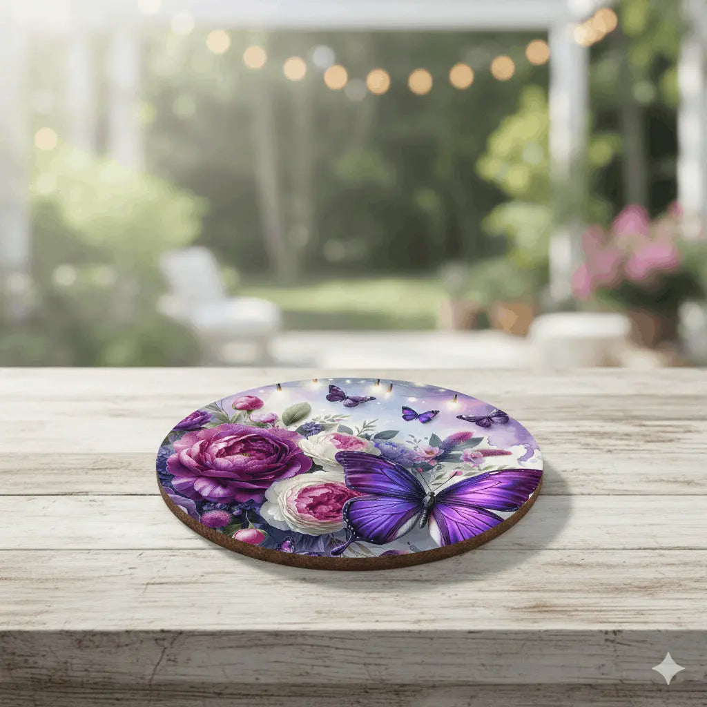 Dessous de Verre Rond Bois & Liège – Fleurs & Papillons Violets (9 cm) Sublimation Store