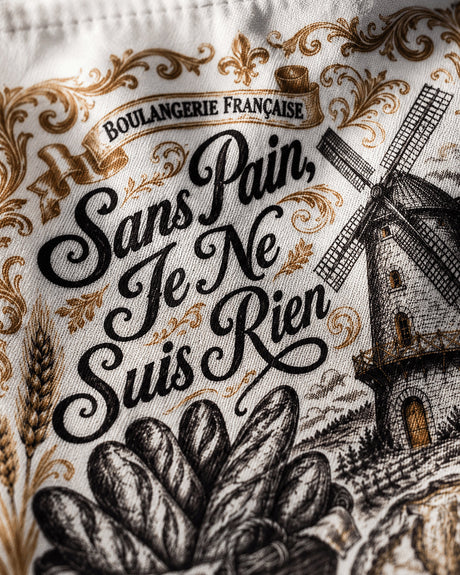 Gros plan sur l'impression sublimation du sac à baguettes, détail moulin et typographie vintage noir et or