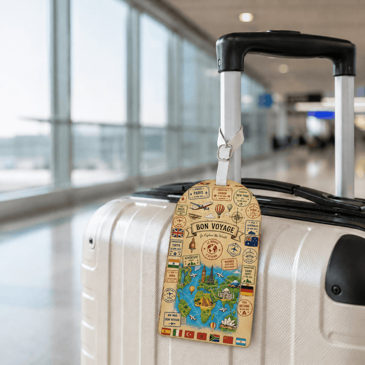 Étiquette bagage carte du monde vintage Bon Voyage suspendue à une valise blanche dans un aéroport