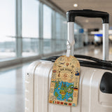 Étiquette bagage carte du monde vintage Bon Voyage suspendue à une valise blanche dans un aéroport