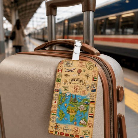 Étiquette bagage carte du monde vintage Bon Voyage accrochée à une valise sur un quai de gare