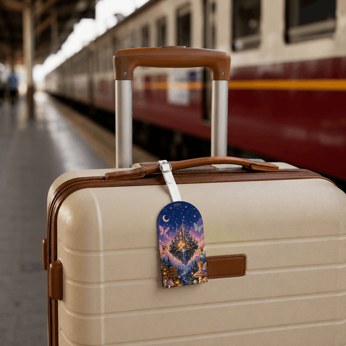 Étiquette bagage enfant design monde féérique château enchanté accrochée sur valise beige en gare – simili cuir forme arc