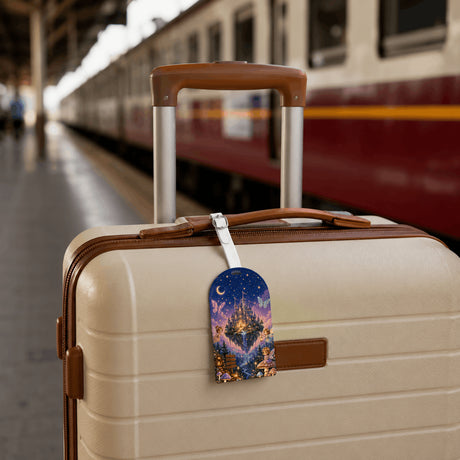 Étiquette bagage enfant design monde féérique château enchanté accrochée sur valise beige en gare – simili cuir forme arc