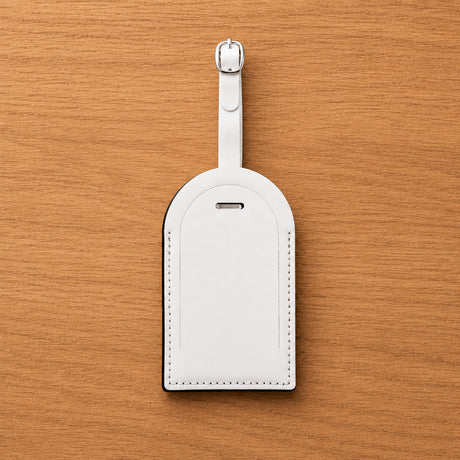 Étiquette bagage personnalisée recto vierge avant impression – simili cuir blanc forme arc – zone impression 7x11cm
