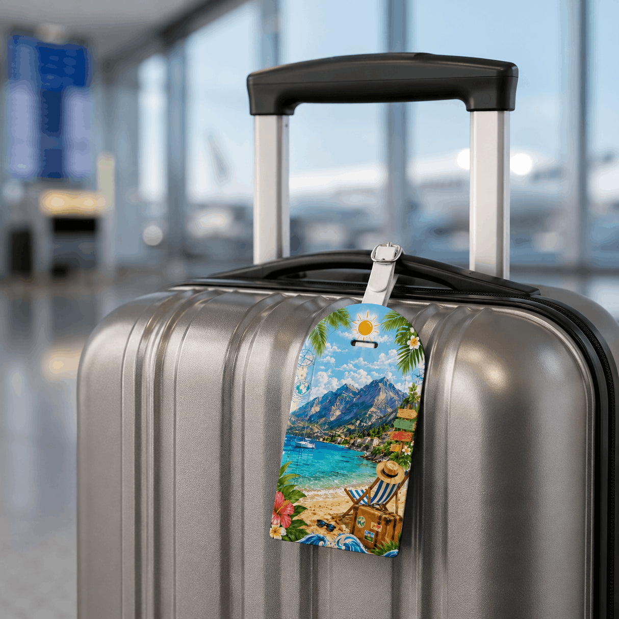 Étiquette bagage personnalisée accrochée sur valise grise en salle d'embarquement – design vacances plage montagne