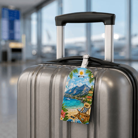 Étiquette bagage personnalisée accrochée sur valise grise en salle d'embarquement – design vacances plage montagne