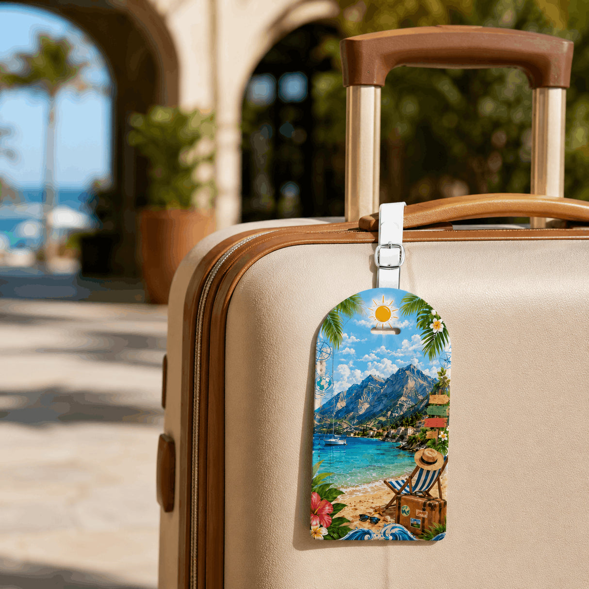 Étiquette bagage personnalisée accrochée sur valise beige en extérieur – design vacances plage montagne – forme arc