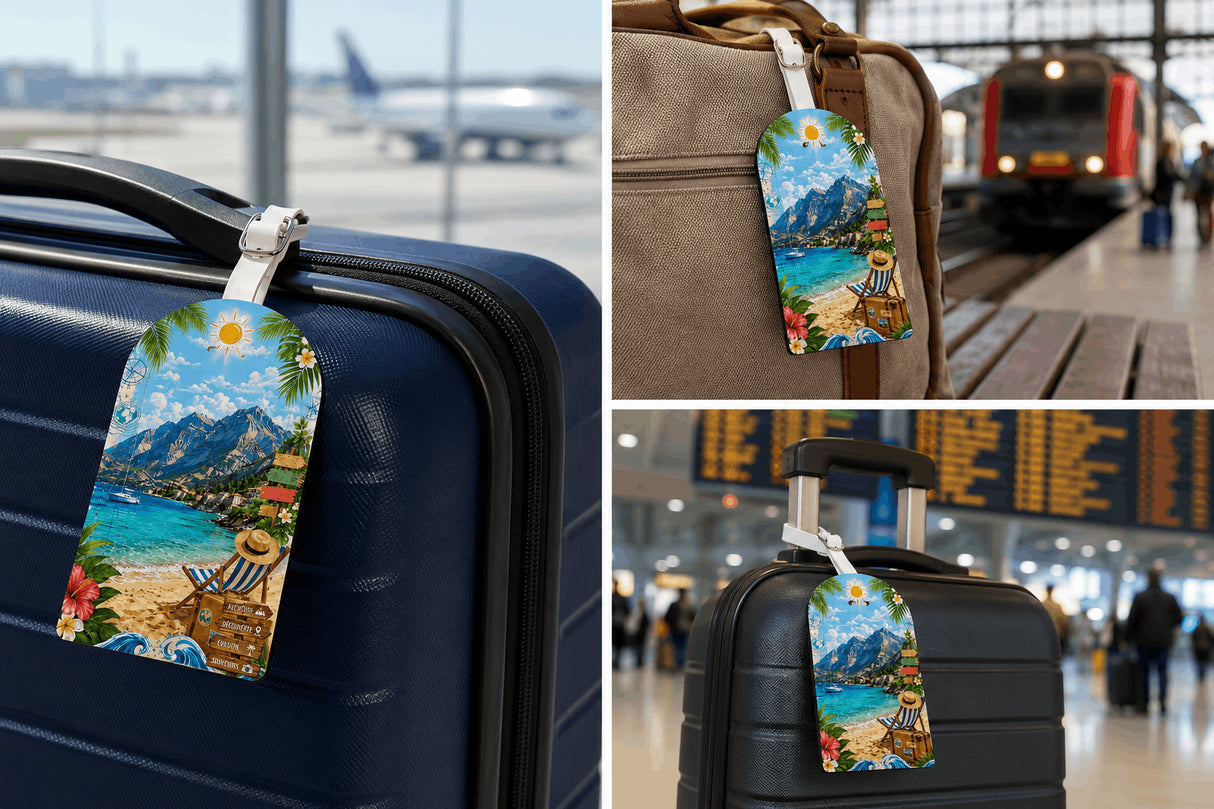 Étiquette bagage design évasion tropicale – 3 mises en situation sur valises bleue, beige et noire en gare et aéroport