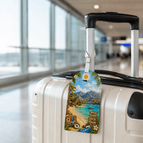 Étiquette bagage design évasion tropicale – 3 mises en situation sur valises bleue, beige et noire en gare et aéroport