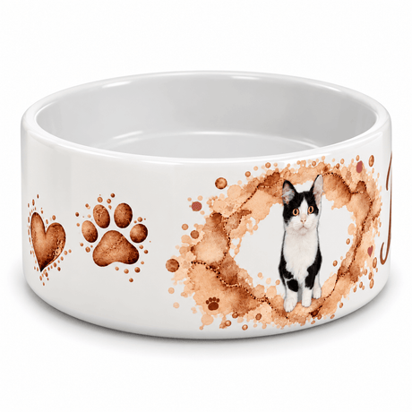 Gamelle céramique personnalisée vue de côté, cœur et empreinte de patte aquarelle caramel, photo du chat dans un cadre