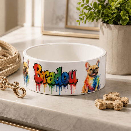 Gamelle chien personnalisée aquarelle colorée avec croquettes