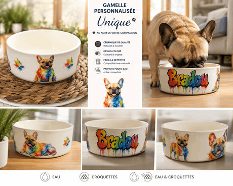 Gamelle chien personnalisée aquarelle présentation caractéristiques et vues multiples