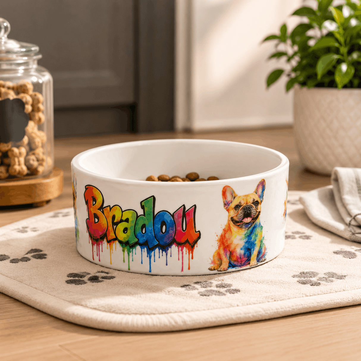 Gamelle chien personnalisée bouledogue français aquarelle avec son chien