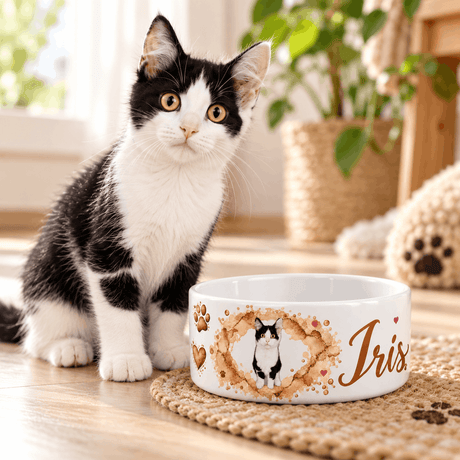 Chat assis à côté de sa gamelle personnalisée prénom Iris sur un tapis en jute, cadeau idéal pour amoureux des animaux