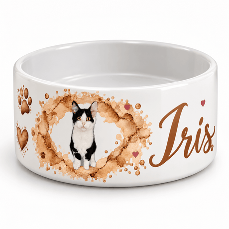 Gamelle personnalisée chat en céramique blanche avec photo et prénom Iris, cadre aquarelle doré et empreintes de pattes