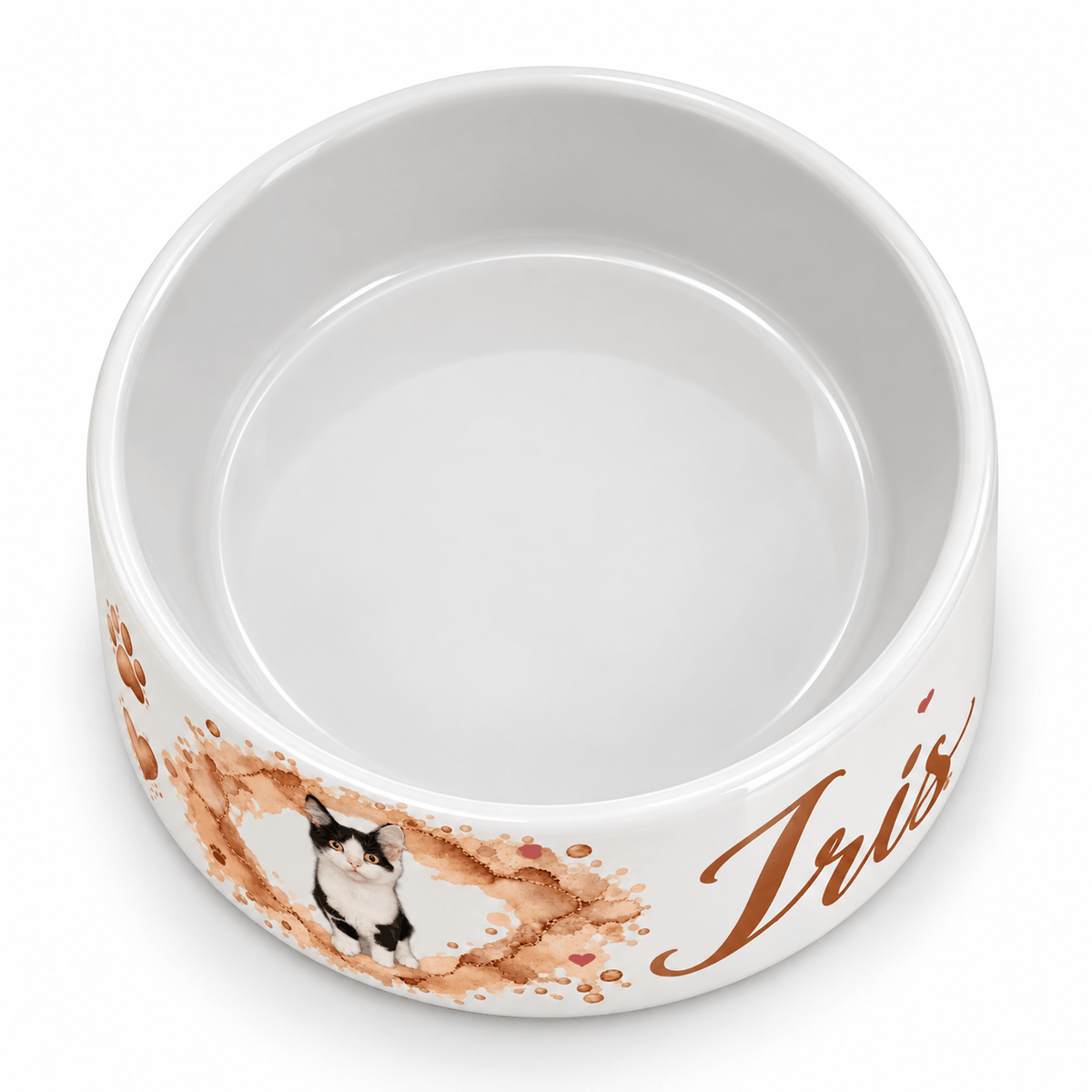 Gamelle personnalisée chat vue du dessus, intérieur céramique blanche émaillée, diamètre 14 cm, prénom en calligraphie