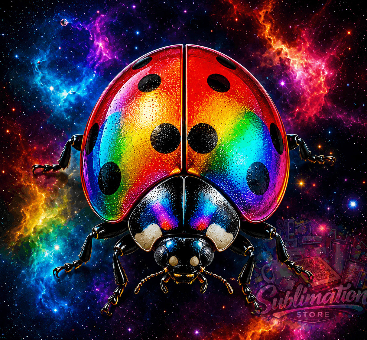 Design coccinelle arc-en-ciel sur fond galaxie, impression haute définition