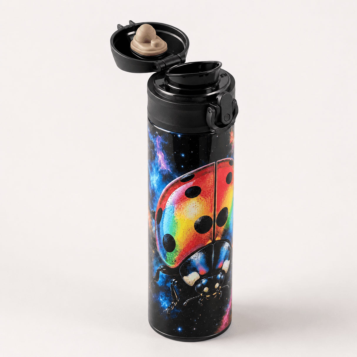 Gourde isotherme couvercle ouvert, bouton poussoir anti-fuite