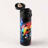 Gourde isotherme couvercle ouvert, bouton poussoir anti-fuite