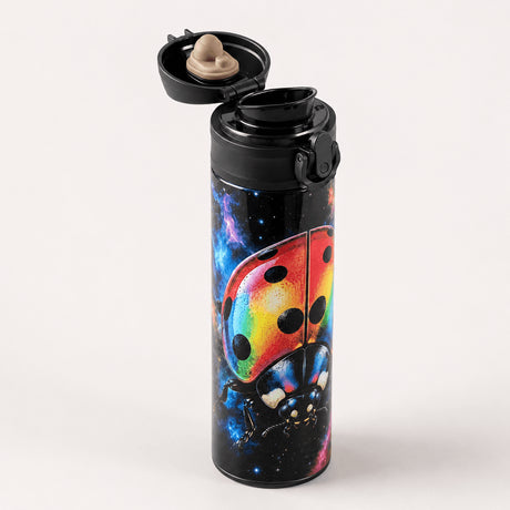 Gourde isotherme couvercle ouvert, bouton poussoir anti-fuite