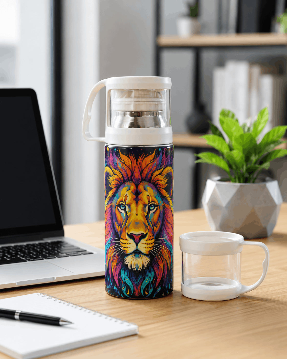 Gourde isotherme lion multicolore avec tasse bouchon posée sur bureau, ordinateur