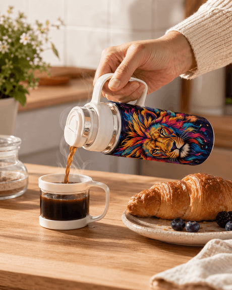 Café versé depuis la gourde lion psychédélique dans la tasse bouchon, petit-déjeuner