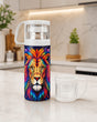 Gourde isotherme design lion psychédélique avec tasse bouchon détachée, plan de travail marbre