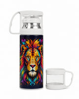 Gourde isotherme design lion multicolore avec tasse bouchon détachée, fond blanc