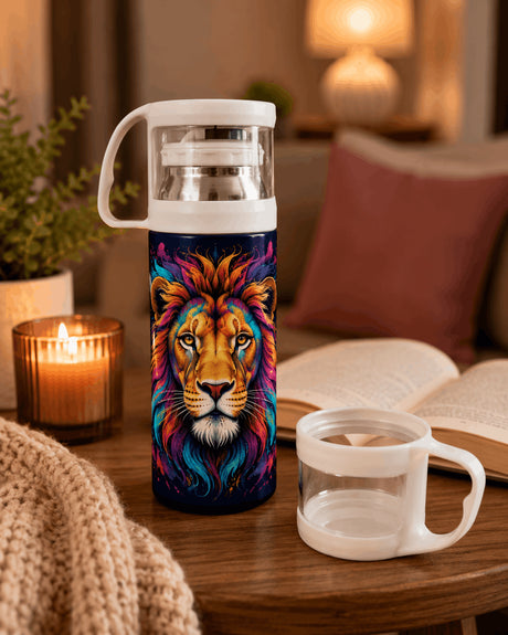 Gourde isotherme lion psychédélique avec tasse bouchon, table basse salon cosy bougie