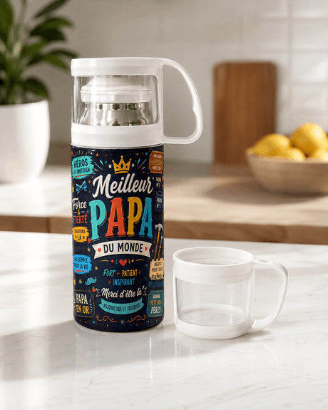 Gourde isotherme Meilleur Papa du Monde avec tasse bouchon détachée, plan de travail cuisine