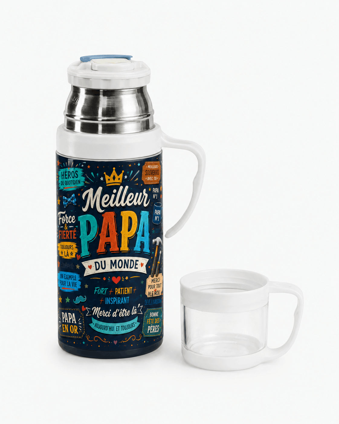 Gourde isotherme Meilleur Papa du Monde avec tasse bouchon détachée, fond blanc