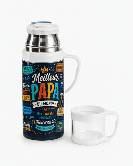 Gourde isotherme Meilleur Papa du Monde avec tasse bouchon détachée, fond blanc