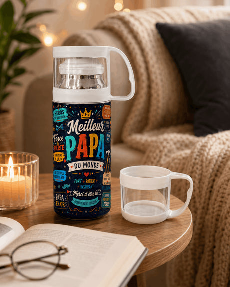 Gourde isotherme Meilleur Papa du Monde avec tasse bouchon, table basse salon cosy
