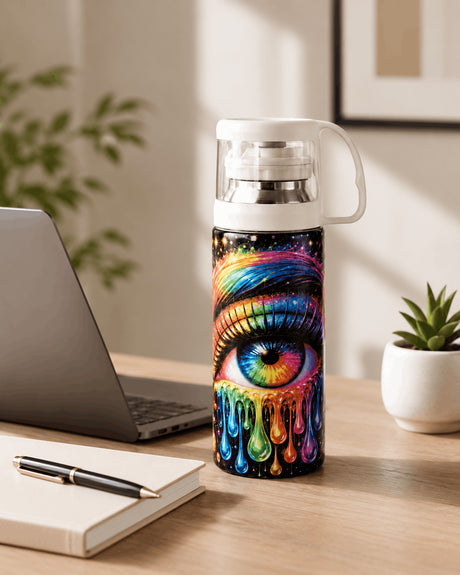 Gourde isotherme œil psychédélique posée sur bureau avec ordinateur portable