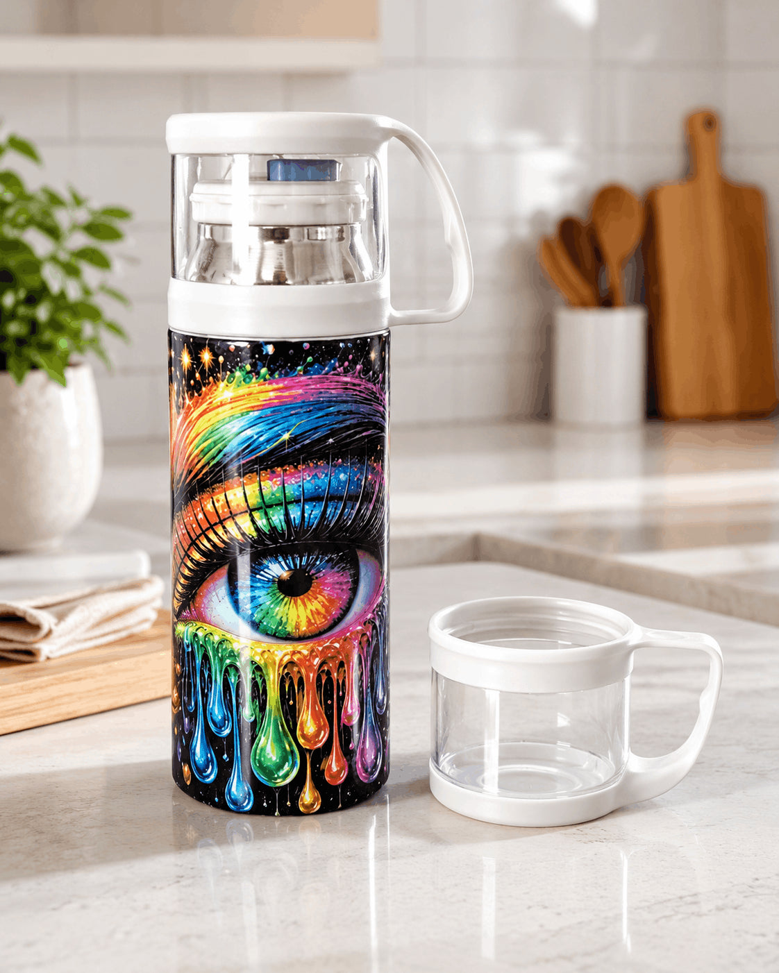 Gourde isotherme et tasse bouchon détachée sur plan de travail marbre, cuisine