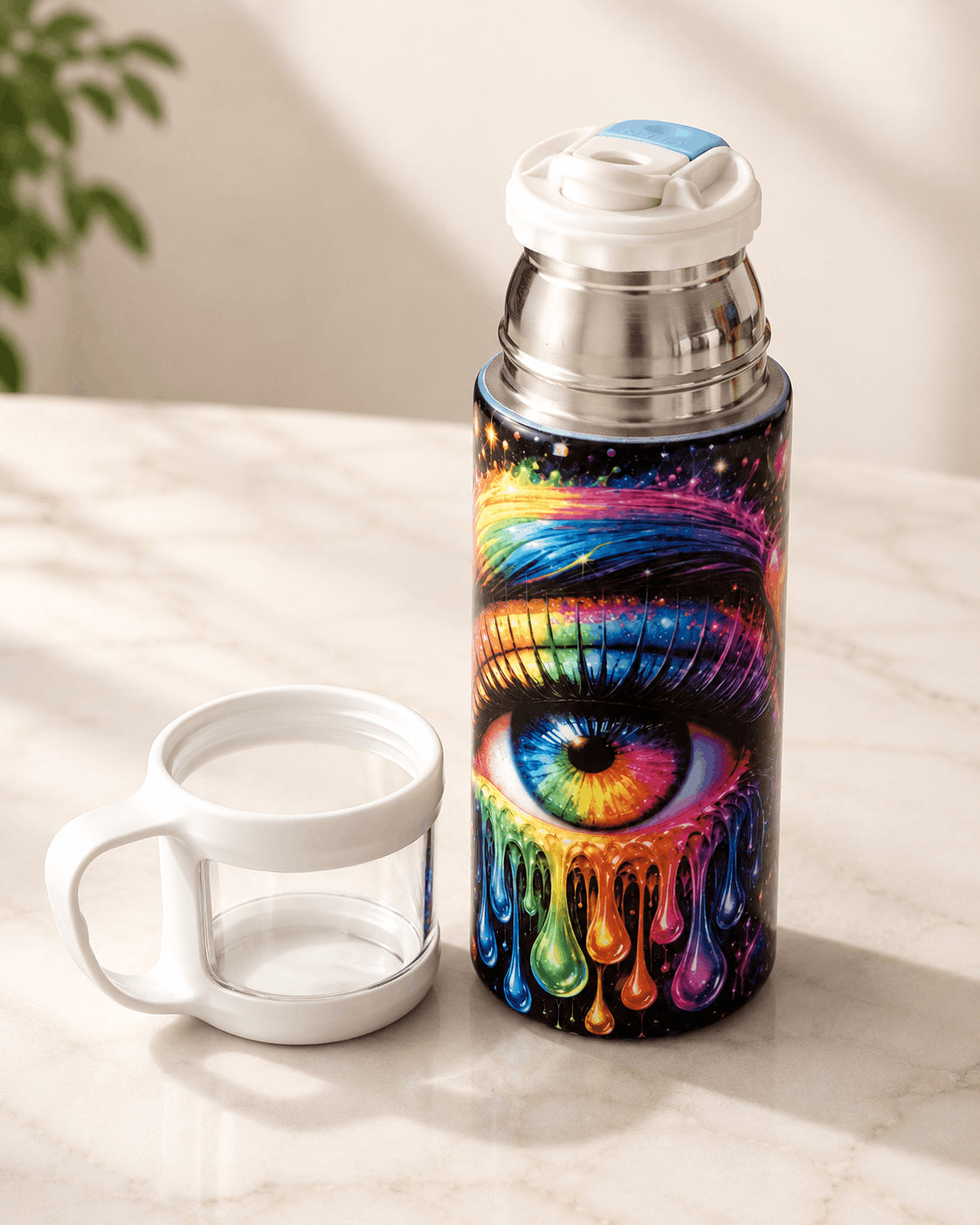 Gourde isotherme avec tasse bouchon détachée sur surface marbre clair