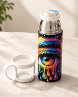 Gourde isotherme avec tasse bouchon détachée sur surface marbre clair