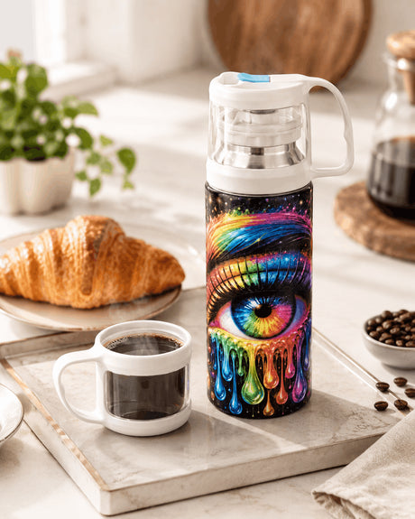 Gourde isotherme avec tasse remplie de café, croissant et grains de café