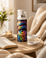 Gourde isotherme et tasse bouchon posées sur table basse, intérieur cosy
