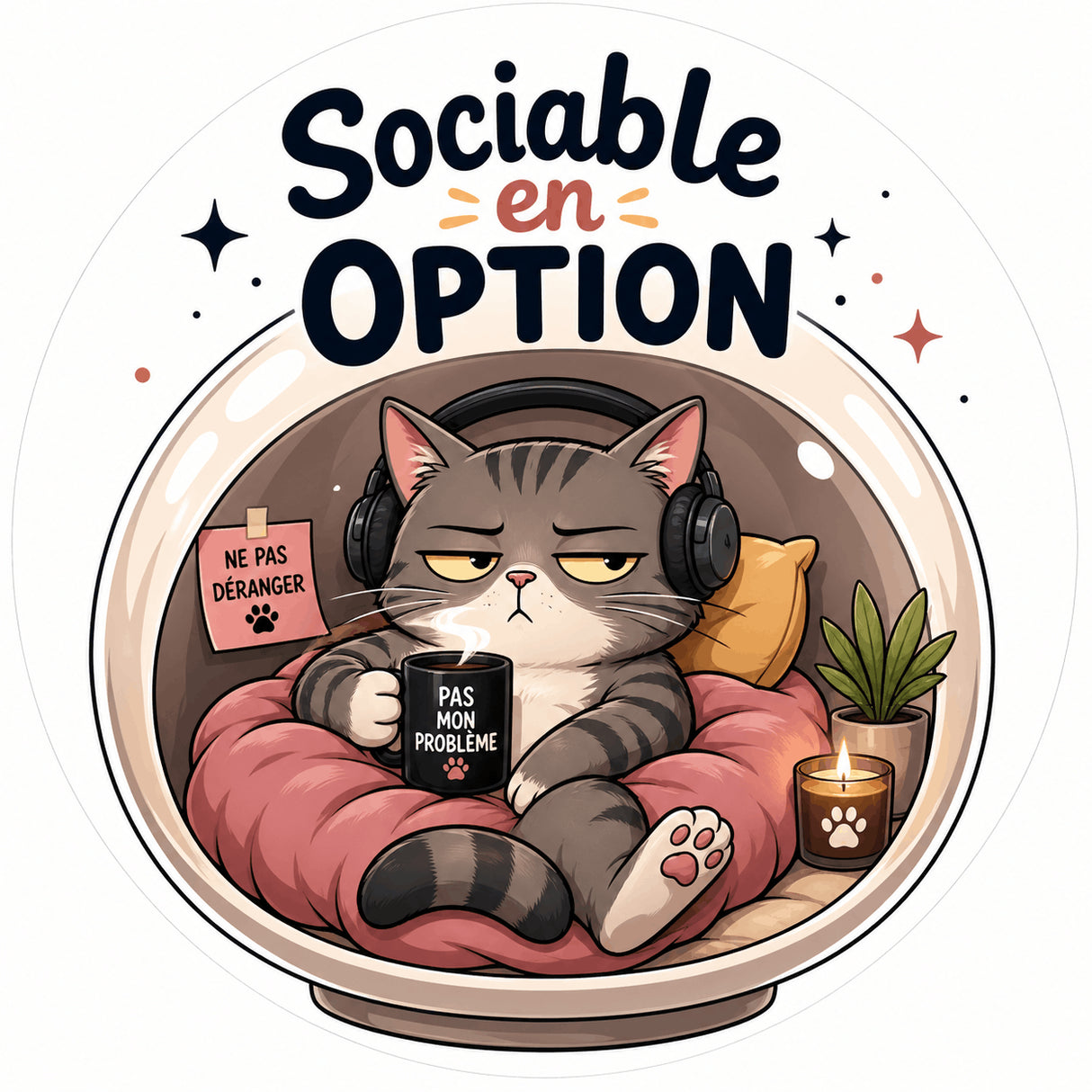 grip coque téléphone sociable en option chat gris grognon introverti cosy cartoon sublimation