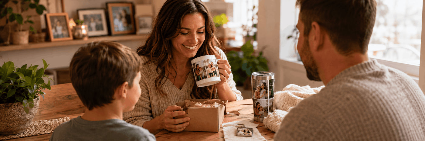 Femme souriante tenant un mug personnalisé avec photo de famille, entourée d'un tumbler et d'un porte-clés personnalisés
