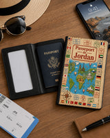 Housse de passeport personnalisée carte du monde vintage ouverte montrant l'intérieur noir et la fenêtre acrylique