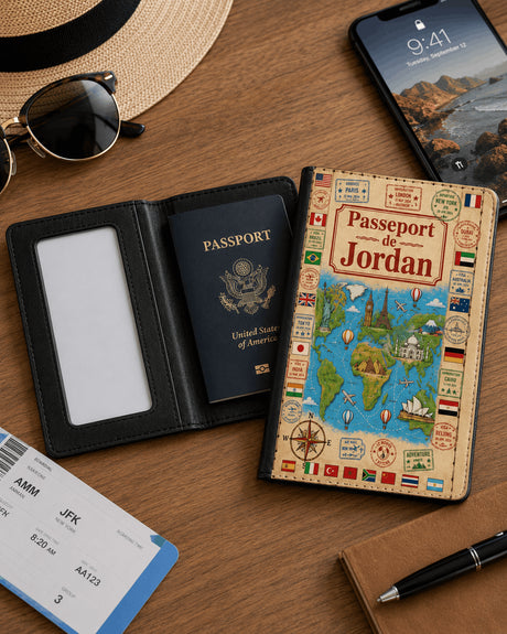 Housse de passeport personnalisée carte du monde vintage ouverte montrant l'intérieur noir et la fenêtre acrylique