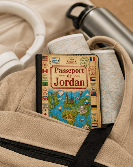 Housse de passeport personnalisée carte du monde vintage glissée dans un sac de voyage beige