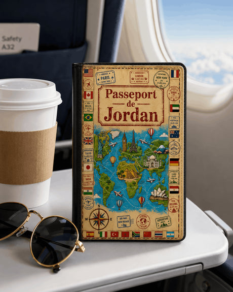 Housse de passeport personnalisée carte du monde vintage posée sur tablette de siège d'avion