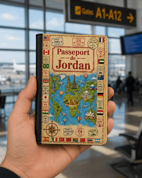Housse de passeport personnalisée carte du monde vintage tenue en main dans un terminal d'aéroport