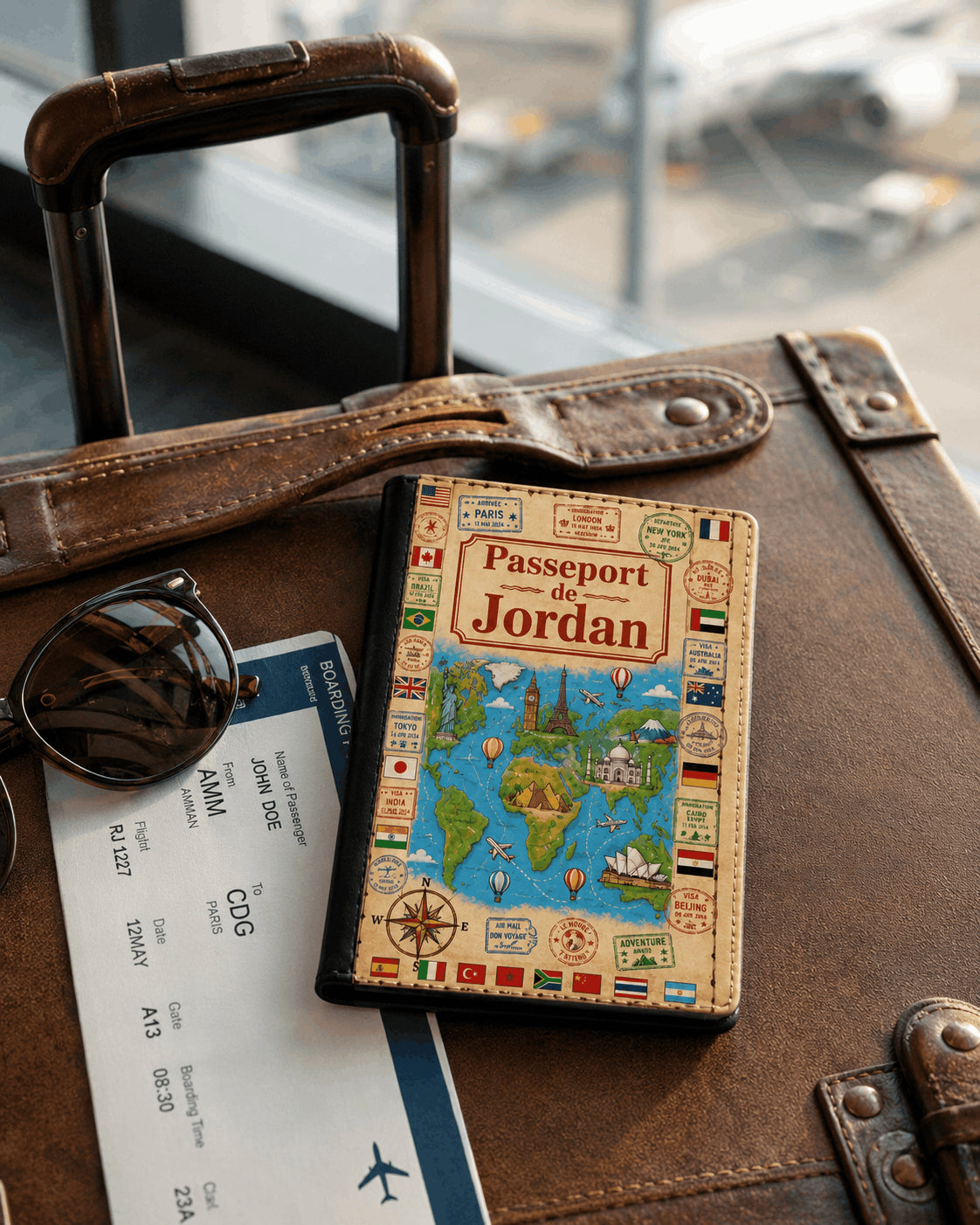 Housse de passeport personnalisée carte du monde vintage posée sur valise en cuir à l'aéroport