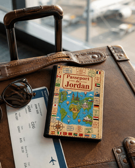 Housse de passeport personnalisée carte du monde vintage posée sur valise en cuir à l'aéroport