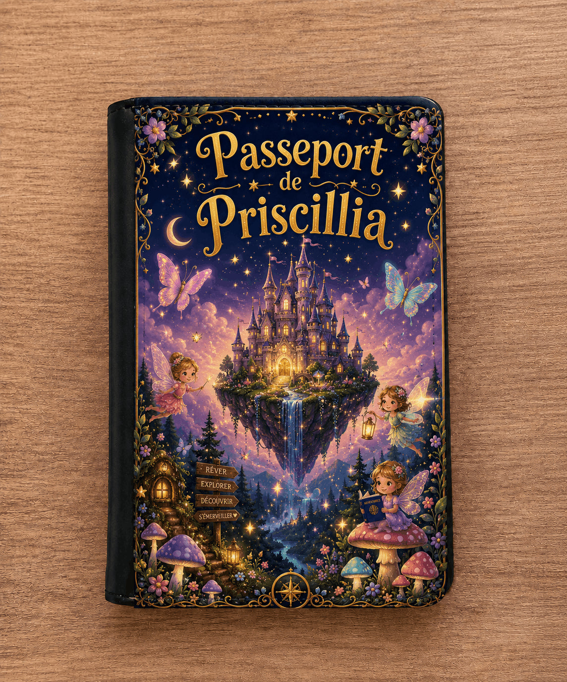 Housse de passeport personnalisée fermée face avant – design monde féérique château enchanté simili cuir – prénom Priscillia