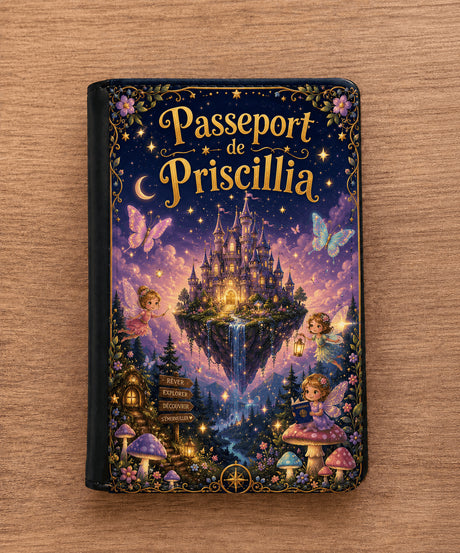 Housse de passeport personnalisée fermée face avant – design monde féérique château enchanté simili cuir – prénom Priscillia
